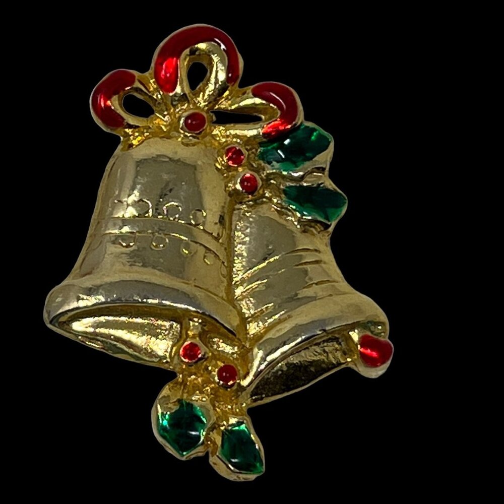 Christmas Bows Bells Brooch Gold Tone Enamel Vintage Holiday Pin‎